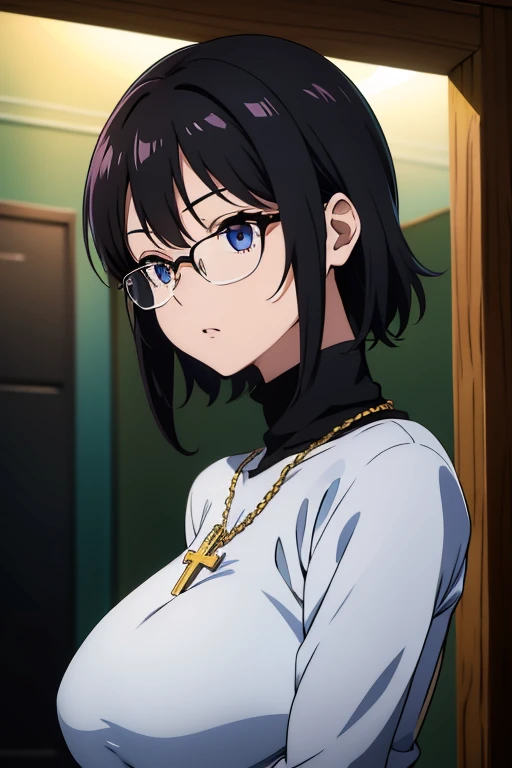 (masterpiece, high resolution, best quality, anime colored, anime screencap, 8k, photorealistic), Shizuku Murasaki, 1girl, cute, black hair, short hair, glasses, expressionless, huge breast, (long sleeve, tight black turtleneck ), (upper body:1.5, breast focus, looking at away, from side), denim, inverted cross chain necklace, (perfect detailed anatomy, beautiful detailed eyes&hair, beautiful face, shiny skin), sunlight church