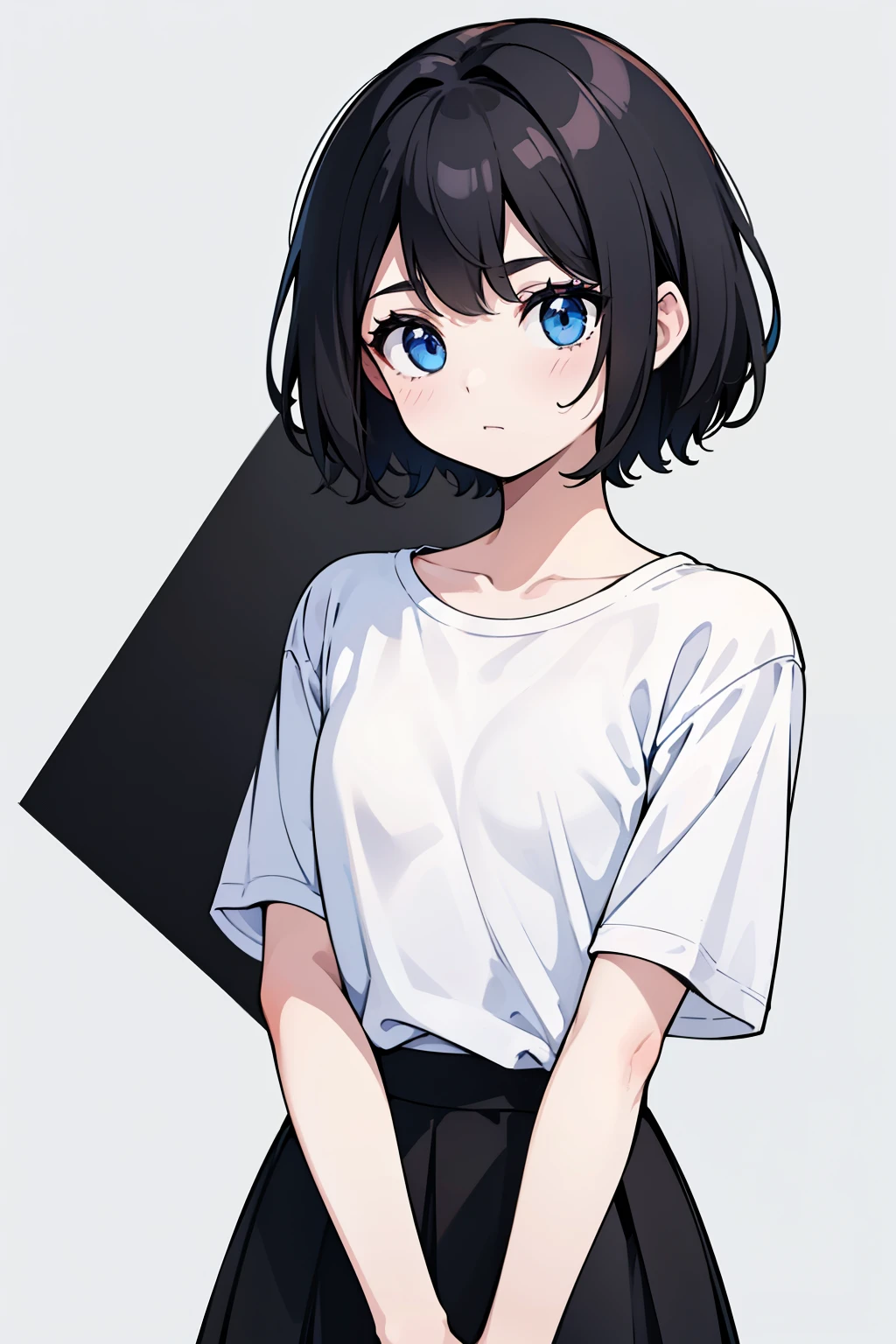 1girl, solo, blue eyes, (detailed eyes), flat chest, short hair, black hair, ((white t-shirt)), simple t-shirt, black skirt, black socks, standing, upper body, (white background), Transparent background, looking down, ((masterpiece, illustration, best quality)) 