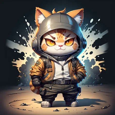 C4tt4stic, Wear explosion-proof clothing, Cat，There is a gun in the hand，Wear a riot helmet，The expression is cute，Half body，Black and white hair