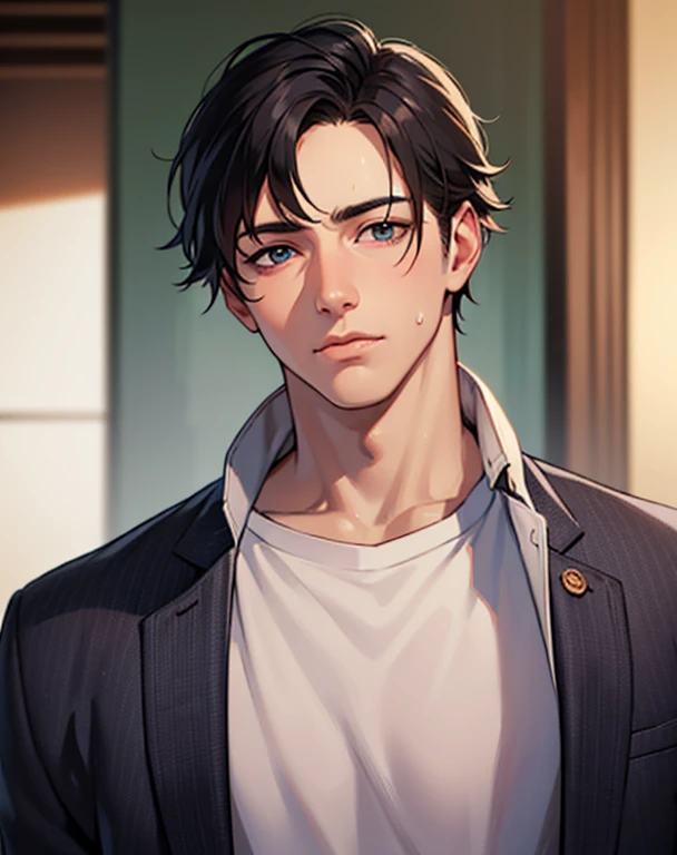 ((High quality)), ((masterpiece)), ((highly detailed)), perfect face, realistic, ((man)), ((Asian)), young, black hair, comma hair cut style, ((handsome)), detailed eyes, beautiful detailed nose, realistic body, realistic light, comfortable expressions, cute guy, sweat guy, cool guy, mascular body, shirtless