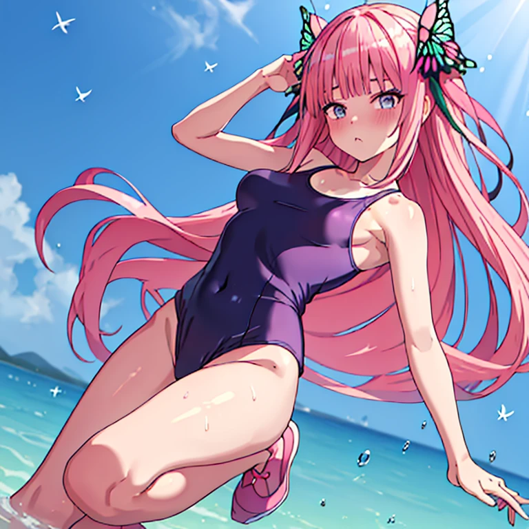 (Masterpiece)), 8k wallpaper, wearing only a basic swimsuit and pumps, The shoulder area of the swimsuit is a tank top type without decoration, The waist of the swimsuit is a high-cut leotard type The surface of the swimsuit is slippery, standing, shameless pose, bangs, pink_hair, blunt_bangs, hair_ornament, butterfly_hair_ornament