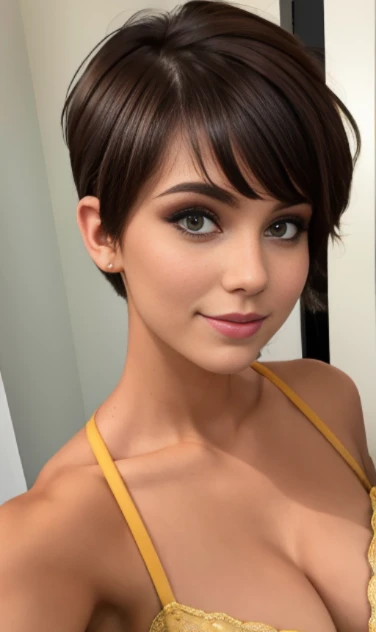 Photo of a 15-year-old European girl, .RAW, beautiful woman,freckles on cheeks and chest ,beautiful blue eyes(Light brown hair pixie haircut),messy pixie haircut ((portrait)), ((detailed face:1.2)), ((detailed facial features)), (finely detailed skin)  ,lindo make-up, Purple eyeshadows on eyelids ,a sexy one(cool color), (Tabletop) (perfect proportions realistic photos)(The best quality), NffSW, (8k) (wallpaper) (cinematic lighting) (Dramatic lighting) (Sharp focus) (Convoluted) , Varied background , Nice smile, Full body photo , posing for photo , Black choker , clip on earrings , make-up , Red lips , purple eye shadow , beautiful nudes , naked , showing , happy