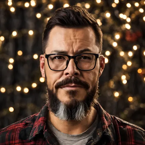 Create a detailed and realistic front-facing portrait, capturing the shoulders and head of a man with glasses, a lumberjack beard, dark brown eyes, and black military-style haircut. He will be wearing a flannel checkered shirt with a white T-shirt undernea...