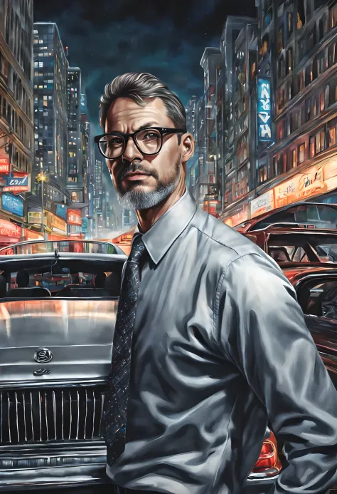 a drawing of a bespectacled man wearing glasses, with a (hyper-detailed face:1.3), wearing social clothing with a tie, posing next to his silver gray sedan car. Street, night, illuminated buildings, hyperrealistic background, background blur. By Alex Ross,...