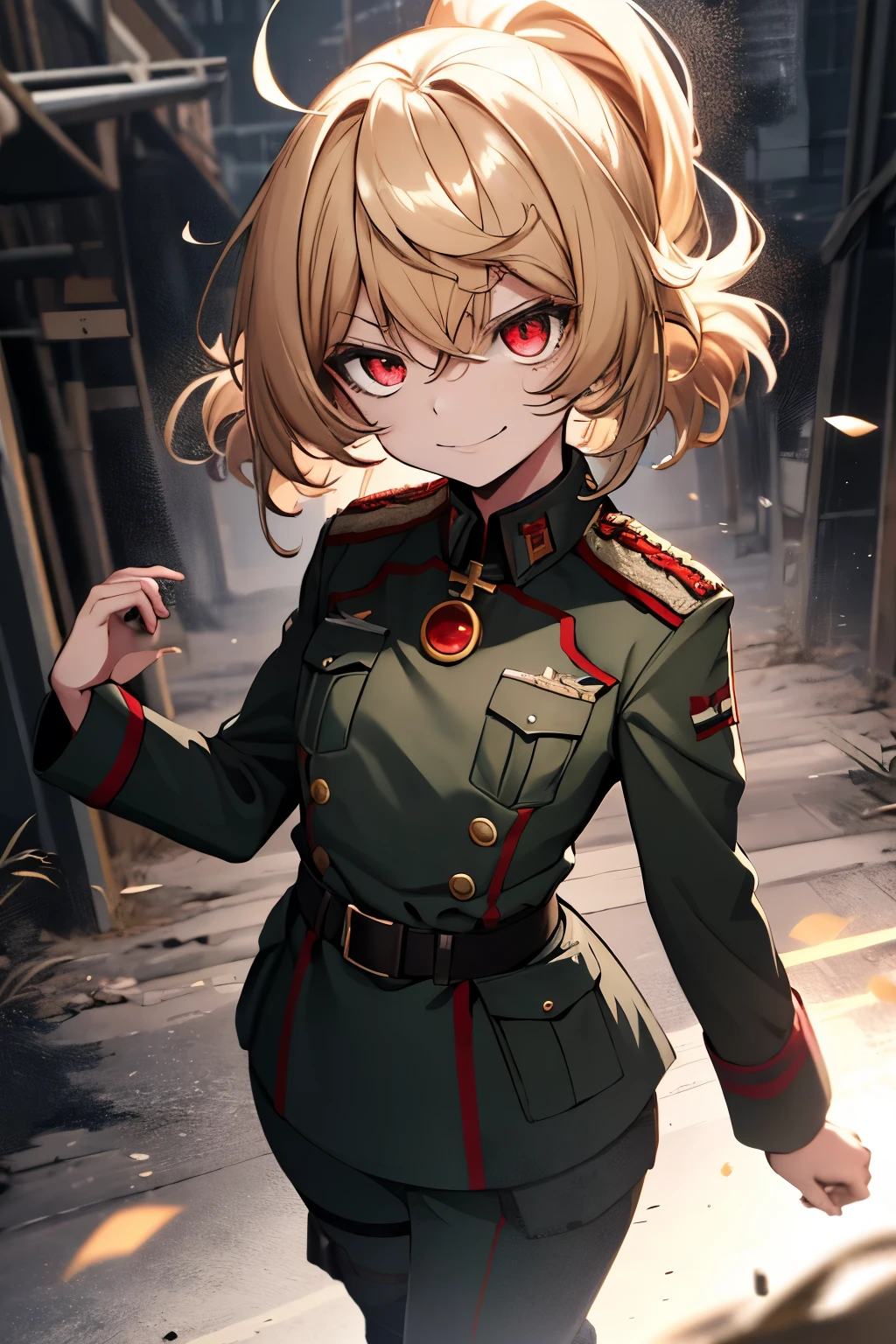 (masterpiece, best quality: 1.1), 1girl solo, tanya, 1girl, solo, , flat chest, small breasts, curvy, military, military uniform, ,, evil smile, wicked expression, anger, red eyes, neutral lighting