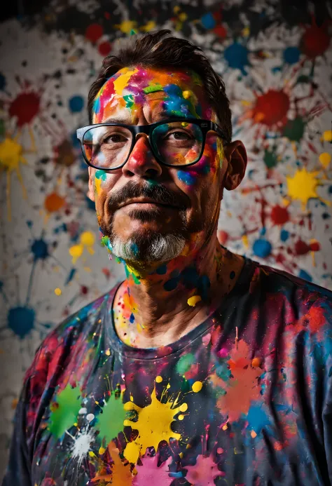Portrait of a 48-year-old man wearing glasses, his face covered in colorful paint splatters. His clothing is also stained with colorful paint. The background features a wall with splash-style paint splatters. Realistic and detailed photography. Chiaroscuro...