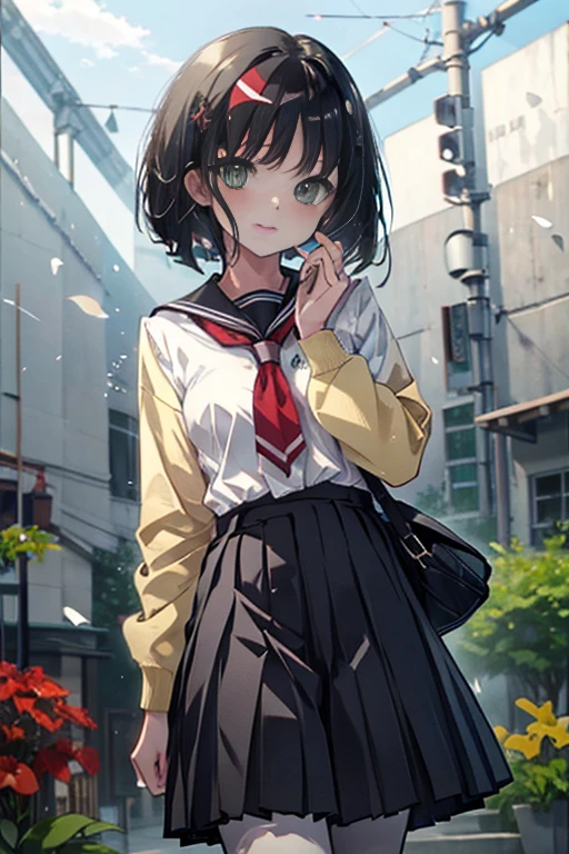 ((masterpiece,highest quality)), disorganized, Erika_Pokemon, green eyes, short black hair, in the same way, red hair band, alone, smile, looking at the viewer, cowboy shot,  cinematic composition,Student winter uniform,pleated skirt,white tights,Black loafers,Schoolback,School,Coming to school