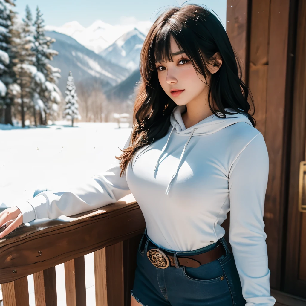 beautiful woman with , long hair, Bangs, French braid, The widest waist, The chest fits well, curvy booty, Bright Eyes, long eyelashes, Thick thighs, strong calf, A shy look, Yuyusrega asked, She was wearing a black hoodie, Ripped denim super short ripped shorts, belt, Standing on the porch of a mountain cabin, winter night, Snowy Land, lifelike, masterpiece,sun bokeh, Volumetric lighting, winter season atmosphere, Frontal close-up