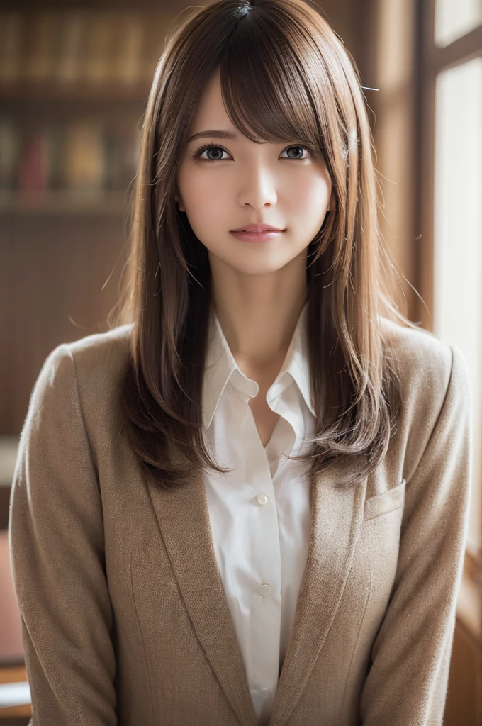 table top, highest quality, realistic, super detailed, finely, High resolution, 8k wallpaper, 1 beautiful woman,, light brown messy hair, wearing a business suit, sharp focus, perfect dynamic composition, beautiful and fine eyes, fine hair, Detailed realistic skin texture, smile, close-up portrait, model body shape