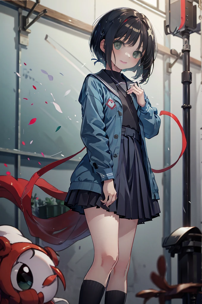 ((masterpiece,highest quality)), disorganized, Erika_Pokemon, green eyes, short black hair, in the same way, red hair band, alone, smile, looking at the viewer, cowboy shot,  cinematic composition,Student winter uniform,Blue jacket,Blue pleated skirt,white tights,Black loafers,Schoolback,School,Coming to school