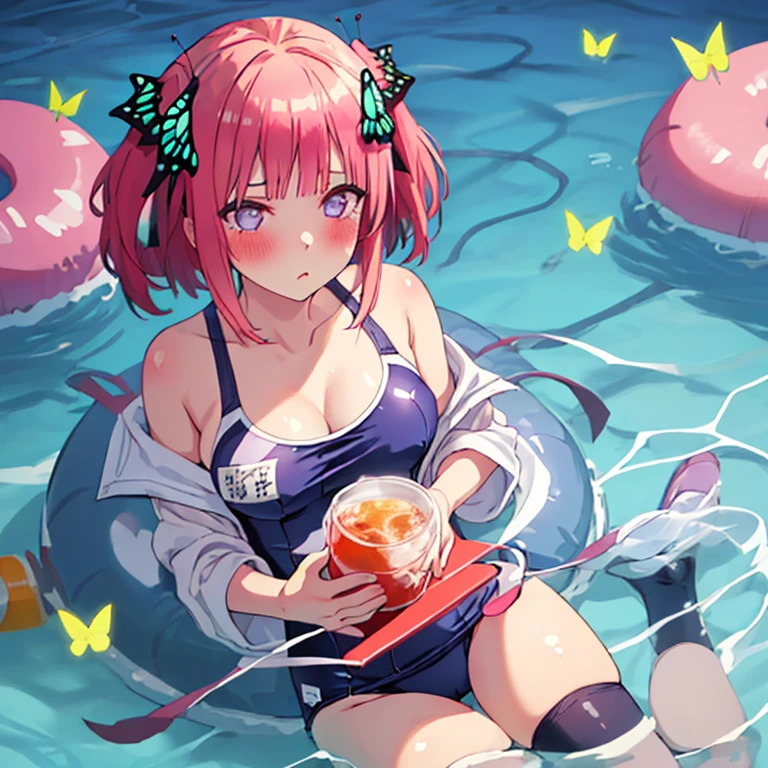 best quality, very aesthetic, Super detailed, best illustration, 1girl, おっぱい, school swim suit, kneehighs, bangs, pink_hair, blunt_bangs, hair_ornament, butterfly_hair_ornament