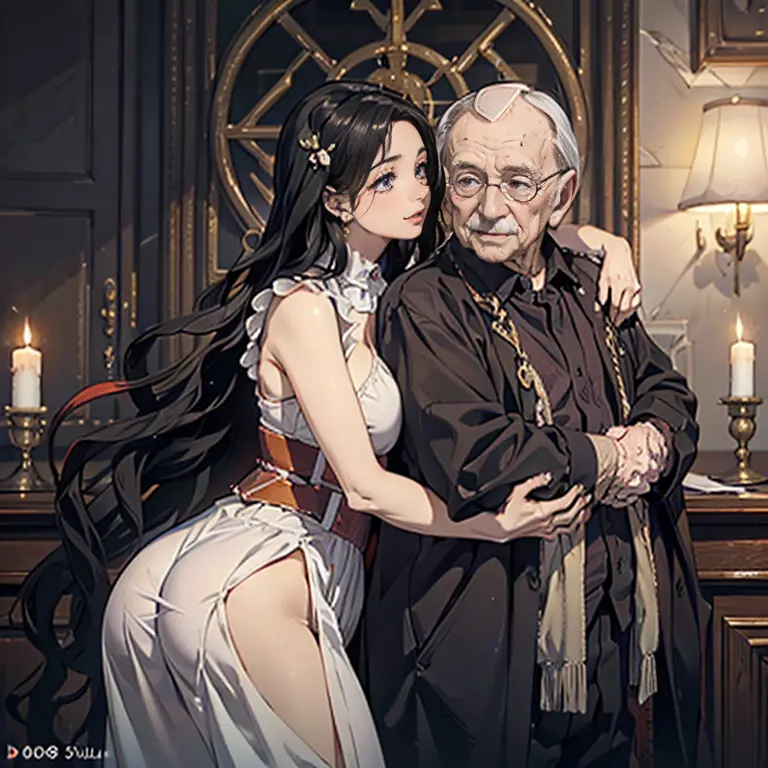(((Beautiful woman with a big sexy ass hugging a 90 year old man))), mulher de vestido sexy, sala a luz de velas, (((90 year old...