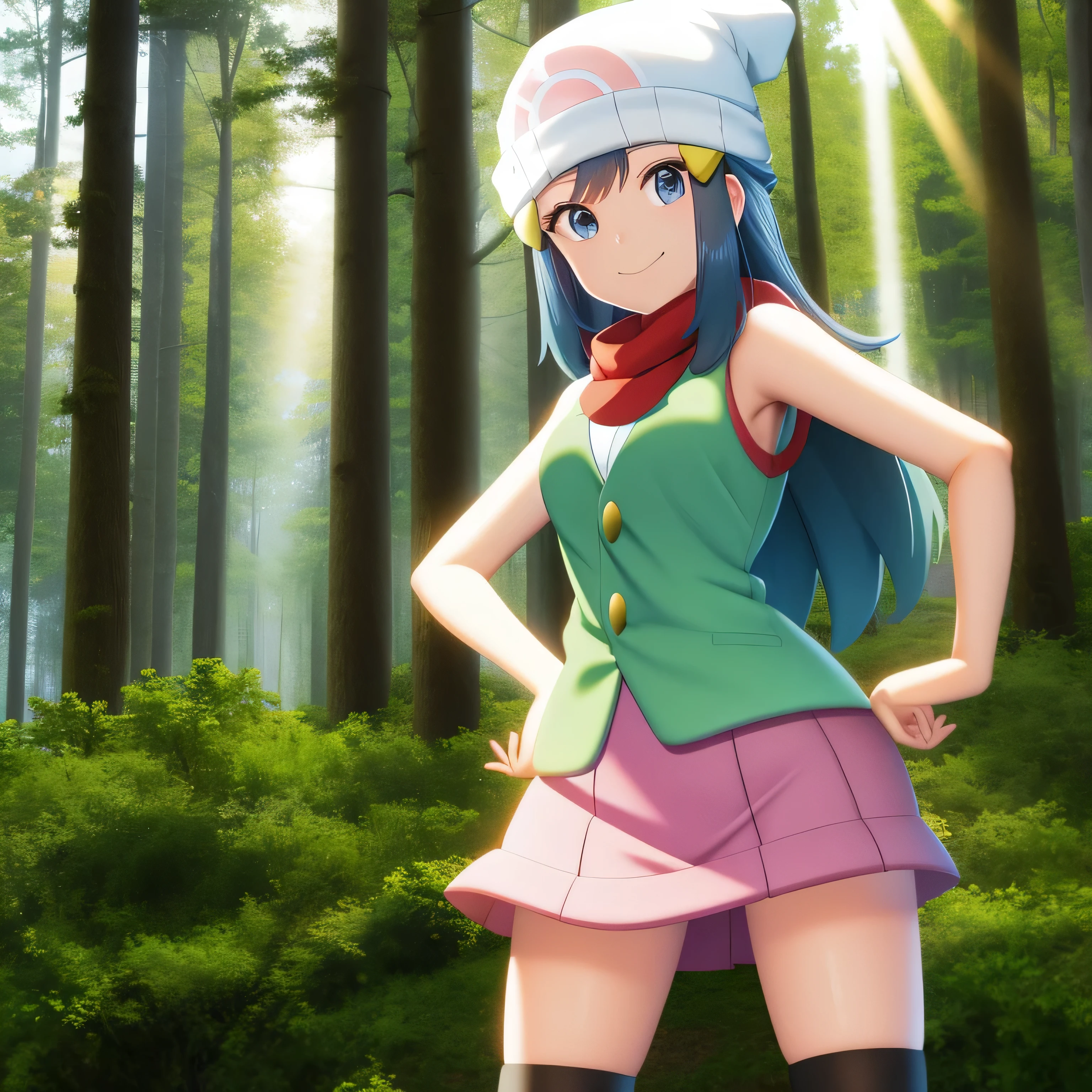 forest, light rays, 1girl, character_pokemon_dawn, solo, cowboy shot, looking at viewer, smile, closed mouth, hands on hips, beanie, hairclip, sleeveless shirt, skirt, kneehighs, scarf