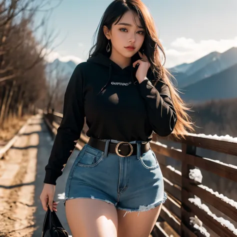 beautiful woman with , long hair, Bangs, French braid, The widest waist, well fitting breasts, Curvy booty, Bright Eyes, long eyelashes, Thick thighs, strong calf, A shy look, Tanya Yuyusregar, She was wearing a black hoodie, Ripped denim super short rippe...