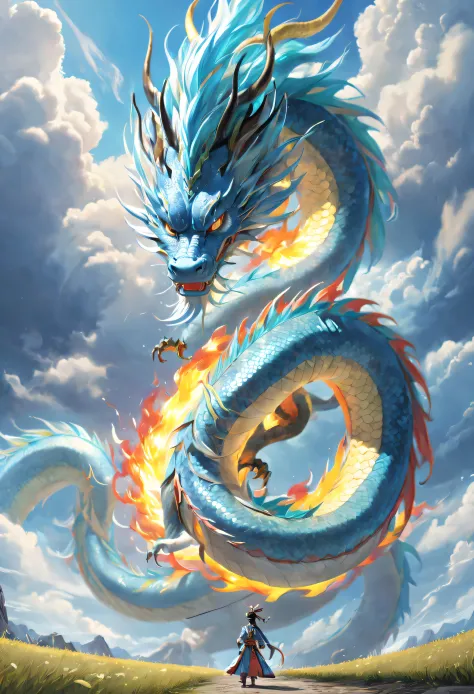 (The main subject: Wide-angle lens), The flame is light blue,[colorful,(Chinese dragon anthropomorphism)], safe,dramatic clouds,...