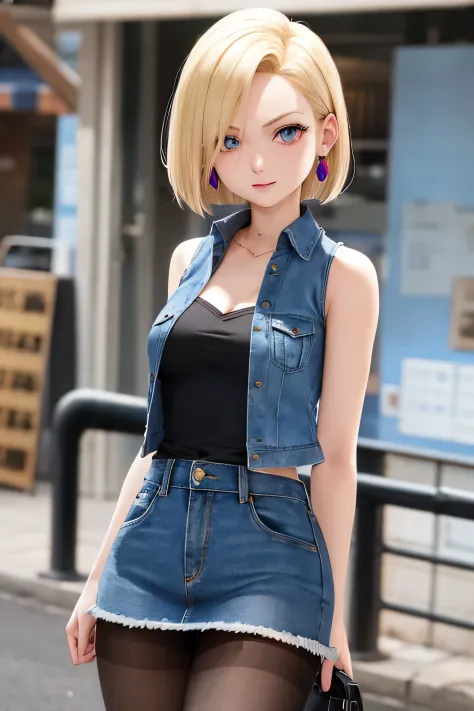 best quality, highres, and18, 1girl, android 18, solo, blonde hair, blue eyes, short hair, earrings, jewelry, denim vest, open v...