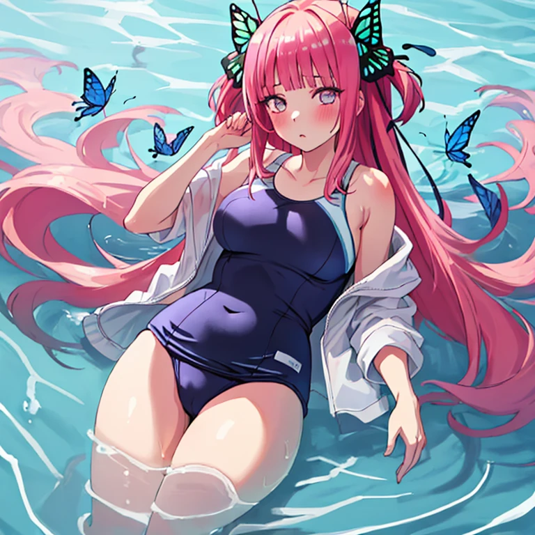 best quality, very aesthetic, Super detailed, best illustration, 1girl, おっぱい, school swim suit, bangs, pink_hair, blunt_bangs, hair_ornament, butterfly_hair_ornament, , T46405