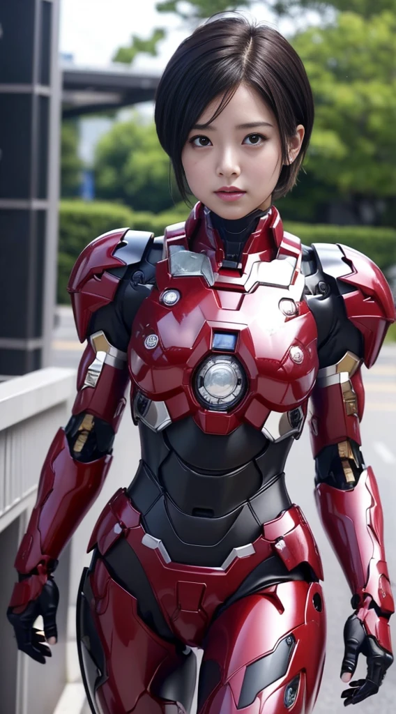 Female Iron Man(Red and Black)、luster、short cut hair、rough skin, Super detailed, advanced details, high quality, 最high quality, High resolution, 1080P, hard disk, beautiful,(Gundam),Beautiful cyborg woman,Mecha cyborg girl,battle mode,Woman with a mecha body,、Expression of bitterness、sweaty face、、narrow her eyes、、humid、grass、、steam from head、spread your legs、embarrassed face、open your mouth、Face holding back　black haired　short haired　glasses　japanese woman