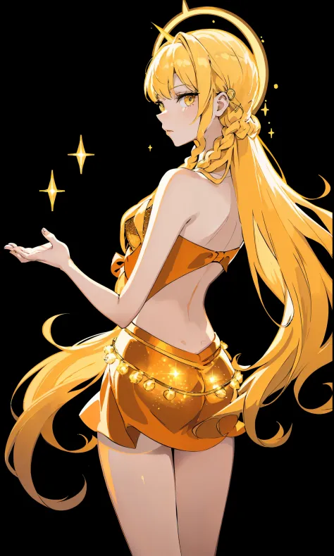 (stella), (blonde hair, yellow eyes, bangs), (fairy outfit), (double tail, long low braids, fairy wings, orange suit, sparkling的...