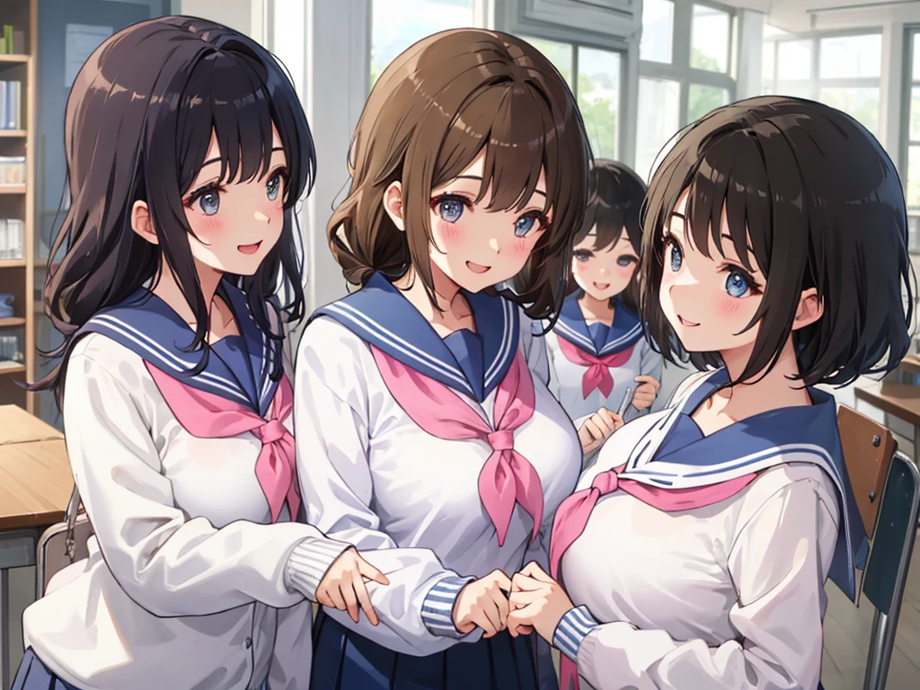 highest quality、High resolution、High definition、Beautiful teenage girl、Four women,sailor suit,cute hairstyle,perfect skin,huge breasts、Look at me happily、smiling、laughing、sexual expression、Upper body、Cute colored school cardigan