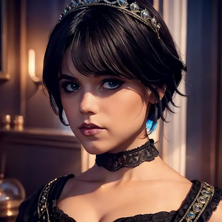  gothic makeup short hair bob style thick and voluminous lips perfect detailed blue eyes pale skin hands on jaw long nails paint...