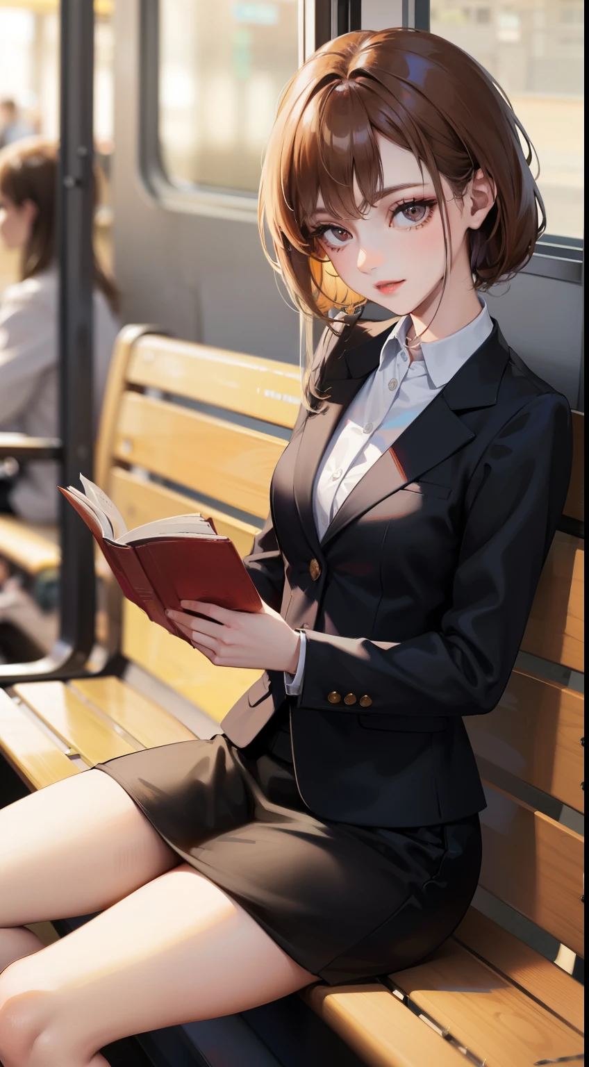 Uma adorável mulher de 35 anos, de terno e saia justa, está sentada em um banco horizontal de madeira na estação de trem e lendo um livro. Abra um pouco as pernas e olhe a parte interna das coxas de frente.