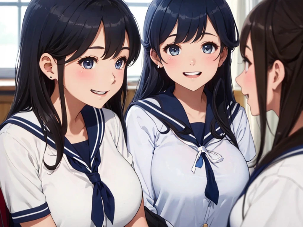 highest quality、High resolution、High definition、Beautiful teenage girl、Four women,(navy blue sailor uniform),(navy sailor color)、cute hairstyle,perfect skin,huge breasts、Look at me happily、smiling、laughing、sexual expression、Upper body、Cute colored school cardigan