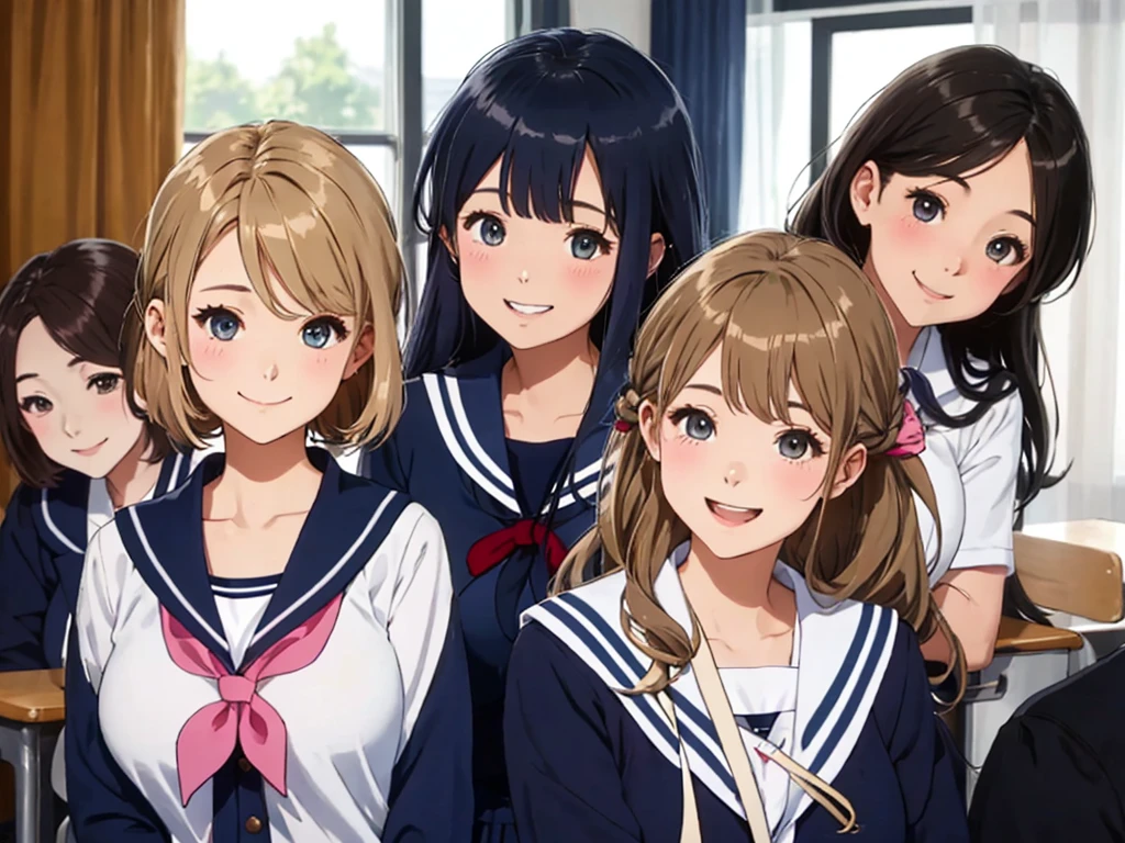 highest quality、High resolution、High definition、Beautiful teenage girl、Four women,(navy blue sailor uniform),(navy sailor color)、cute hairstyle,perfect skin,huge breasts、Look at me happily、smiling、laughing、sexual expression、Upper body、Cute colored school cardigan