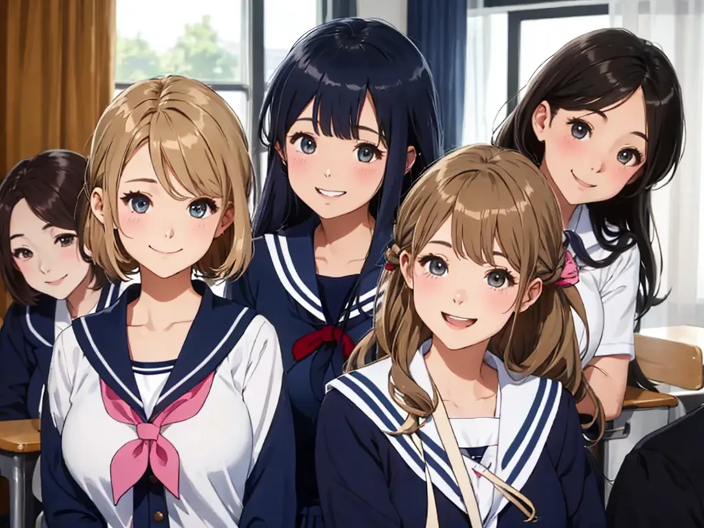 highest quality、High resolution、High definition、Beautiful teenage girl、Four women,(navy blue sailor uniform),(navy sailor color)...