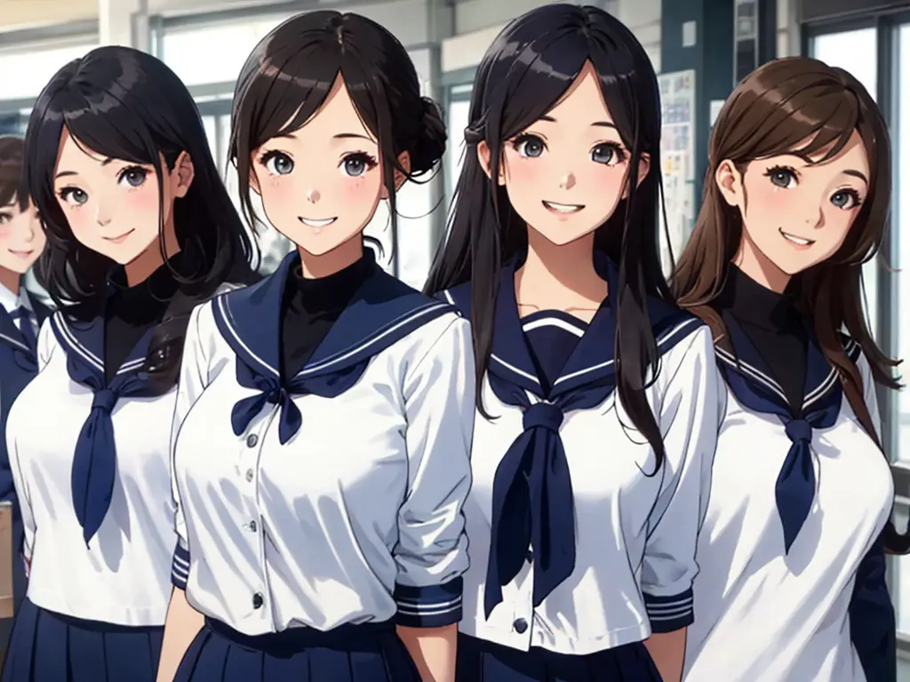 highest quality、High resolution、High definition、Beautiful teenage girl、Four women,(navy blue sailor uniform),(navy sailor color)...