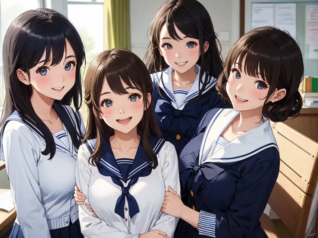 highest quality、High resolution、High definition、Beautiful teenage girl、Four women,(navy blue sailor uniform),(white sailor colla...