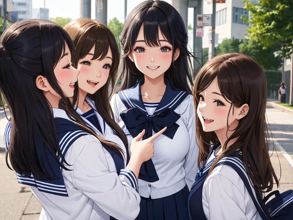 highest quality、High resolution、High definition、Beautiful teenage girl、Four women,(navy blue sailor uniform),(white sailor collar)、cute hairstyle,perfect skin,huge breasts、Look at me happily、smiling、laughing、sexual expression、Upper body、Cute colored school cardigan