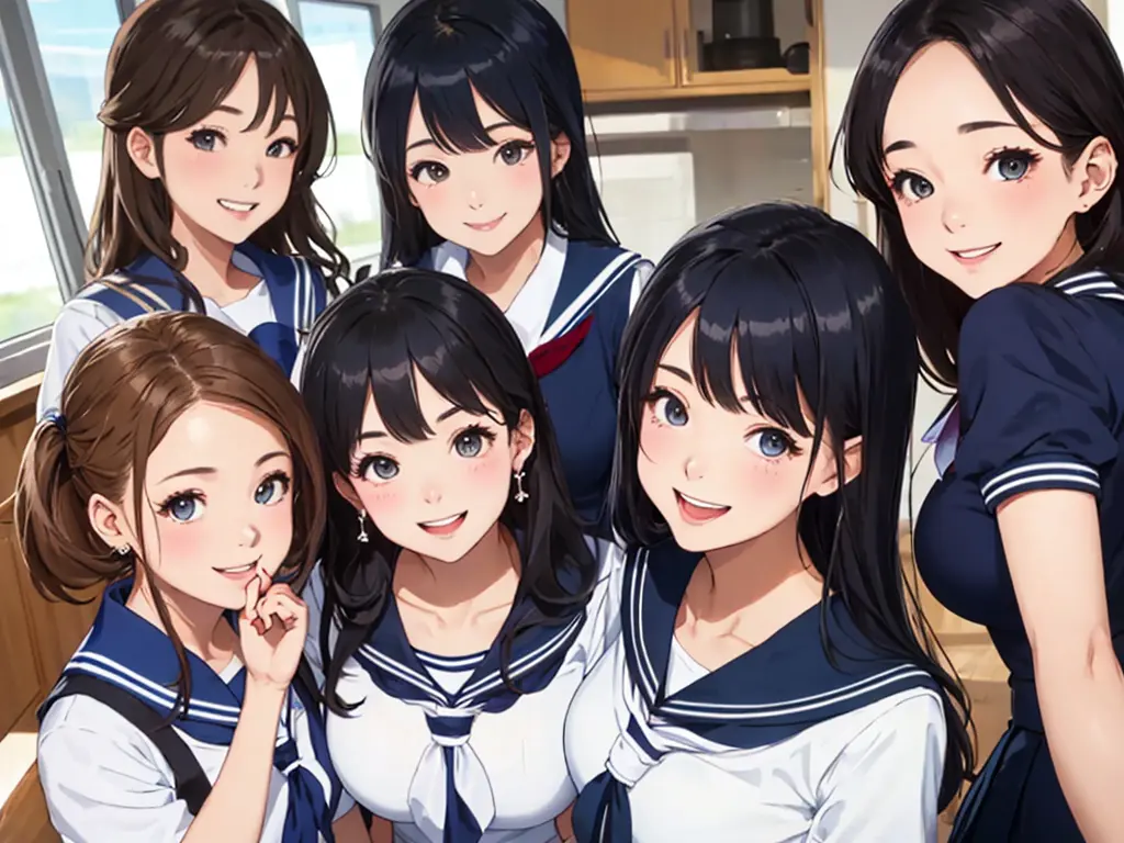 highest quality、High resolution、High definition、Beautiful teenage girl、Four women,(navy blue sailor uniform),(white sailor colla...