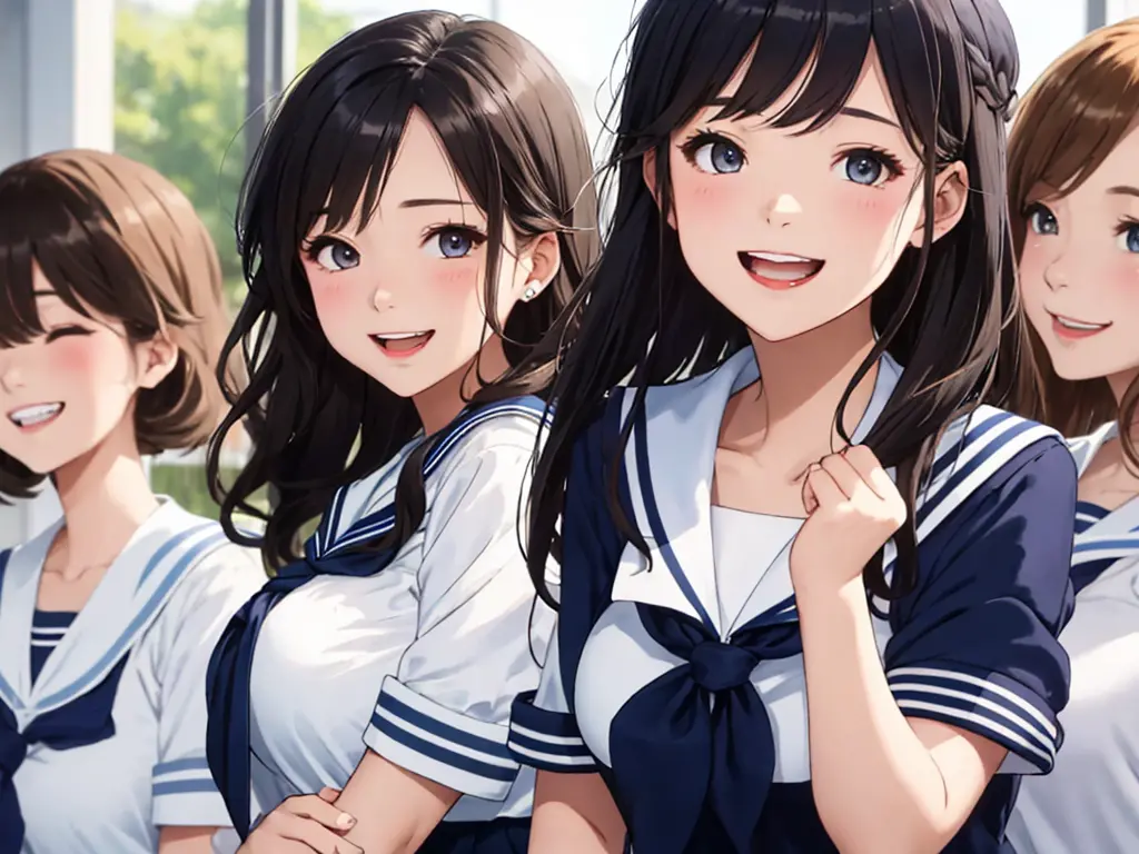 highest quality、High resolution、High definition、Beautiful teenage girl、Four women,(navy blue sailor uniform),(white sailor colla...