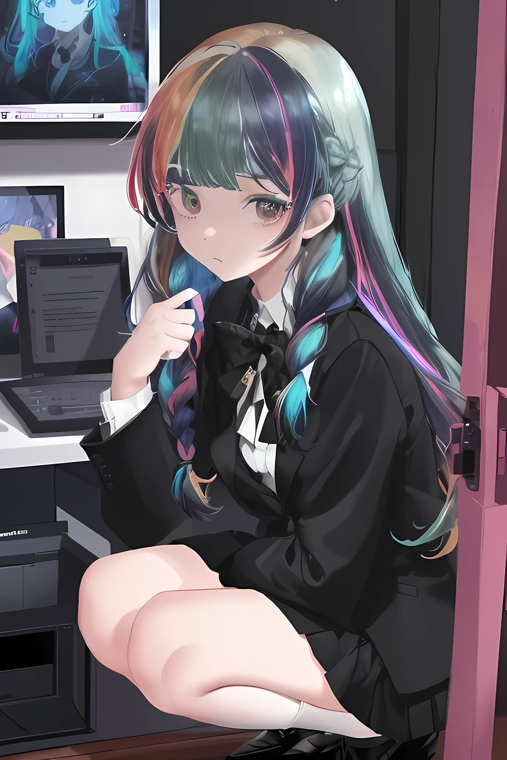 （In 8K, highest quality, pieces fly:1.2)、ultra high resolution、1 18-year-old female、super detailed face,fine eyes,professional writing,(rainbow colored hair),dull bangs,twin braids、Expressionless、break,（black blazer、white shirt,black mini skirt）,squat in front of the copy machine,knit tights,black pumps,alone,office