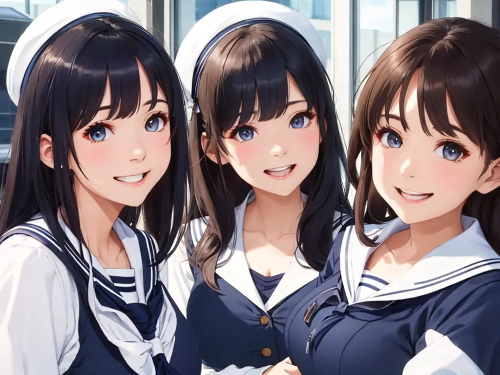 highest quality、High resolution、High definition、Beautiful teenage girl、Four women,(navy blue sailor uniform),(white sailor colla...