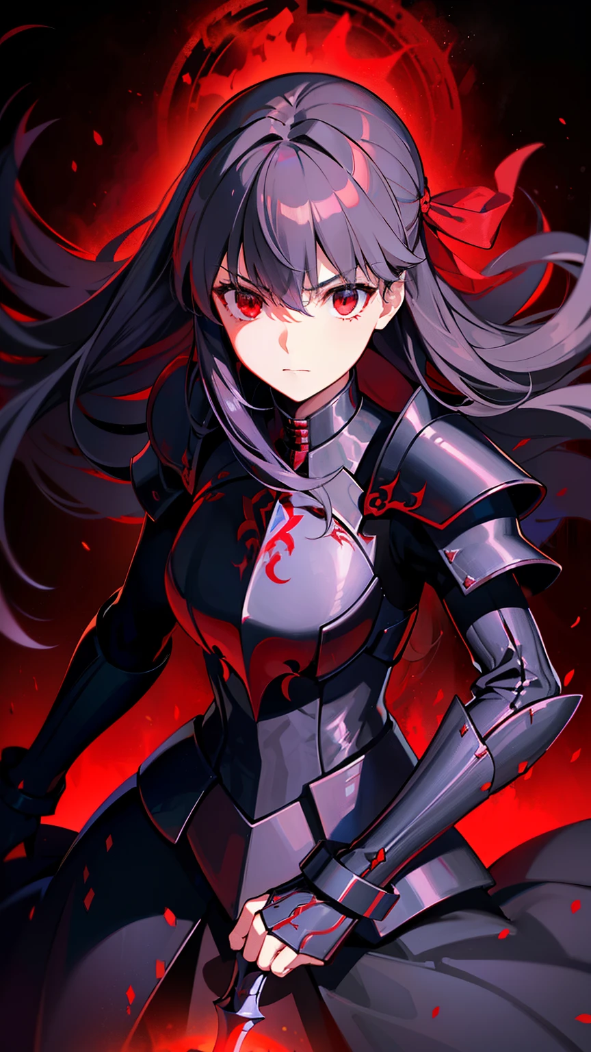 (high-quality, breathtaking),(expressive eyes, perfect face) 1female, girl , solo, young adult, long hair length, wavy curly hair, soft wave, black hair color, red highlights in hair, deep red eye color, background, music, serious expression, haunting red background, armor, onyx black armor with red trim, midnight dark armor with red cracks engraved in the exterior, saber alter, alter saber fate stay night, corrupted theme, corrupted armor, red lines on armor, conquerer vibe
