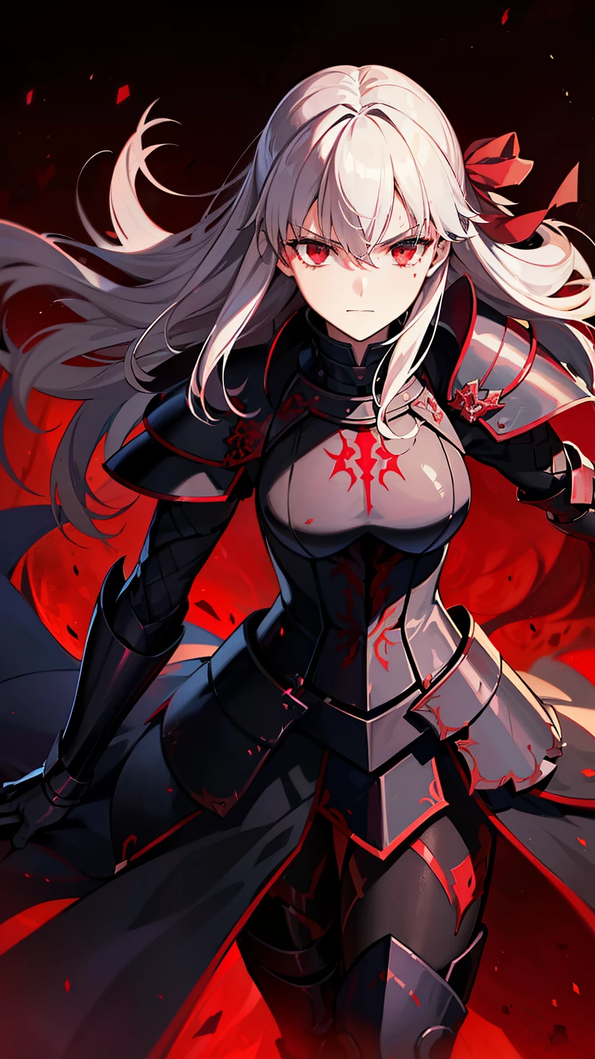 (high-quality, breathtaking),(expressive eyes, perfect face) 1female, girl , solo, young adult, long hair length, wavy curly hair, soft wave, black hair color, red highlights in hair, deep red eye color, background, music, serious expression, haunting red background, armor, onyx black armor with red trim, midnight dark armor with red cracks engraved in the exterior, saber alter, alter saber fate stay night, corrupted theme, corrupted armor, red lines on armor, conquerer vibe, red markings on armor
