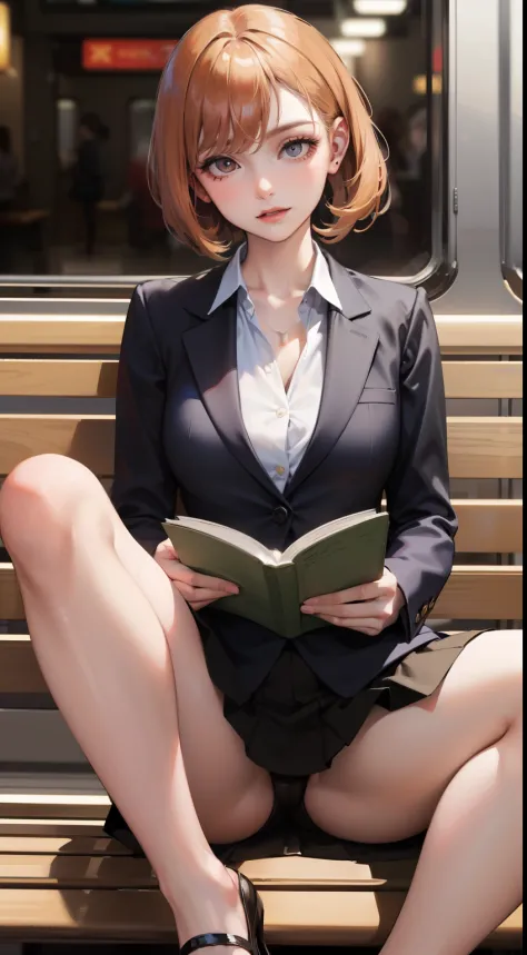 A lovely 35-year-old woman in a business suit and tight skirt is sitting on a horizontal wooden bench at the train station and reading a book. Spread her legs a little and look at her inner thighs from the front.
