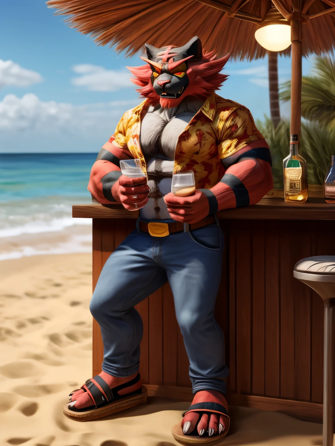 A visually descriptive and detailed rendering of a himbo barefoot Incineroar, full figure, in a yellow Hawaiian shirt and long jeans, nice big feet paws with claws, wearing flip flops, drinks whiskey, drunk, sleepy, dark brown and gray and white fur, open footwear, sandals, beach bar