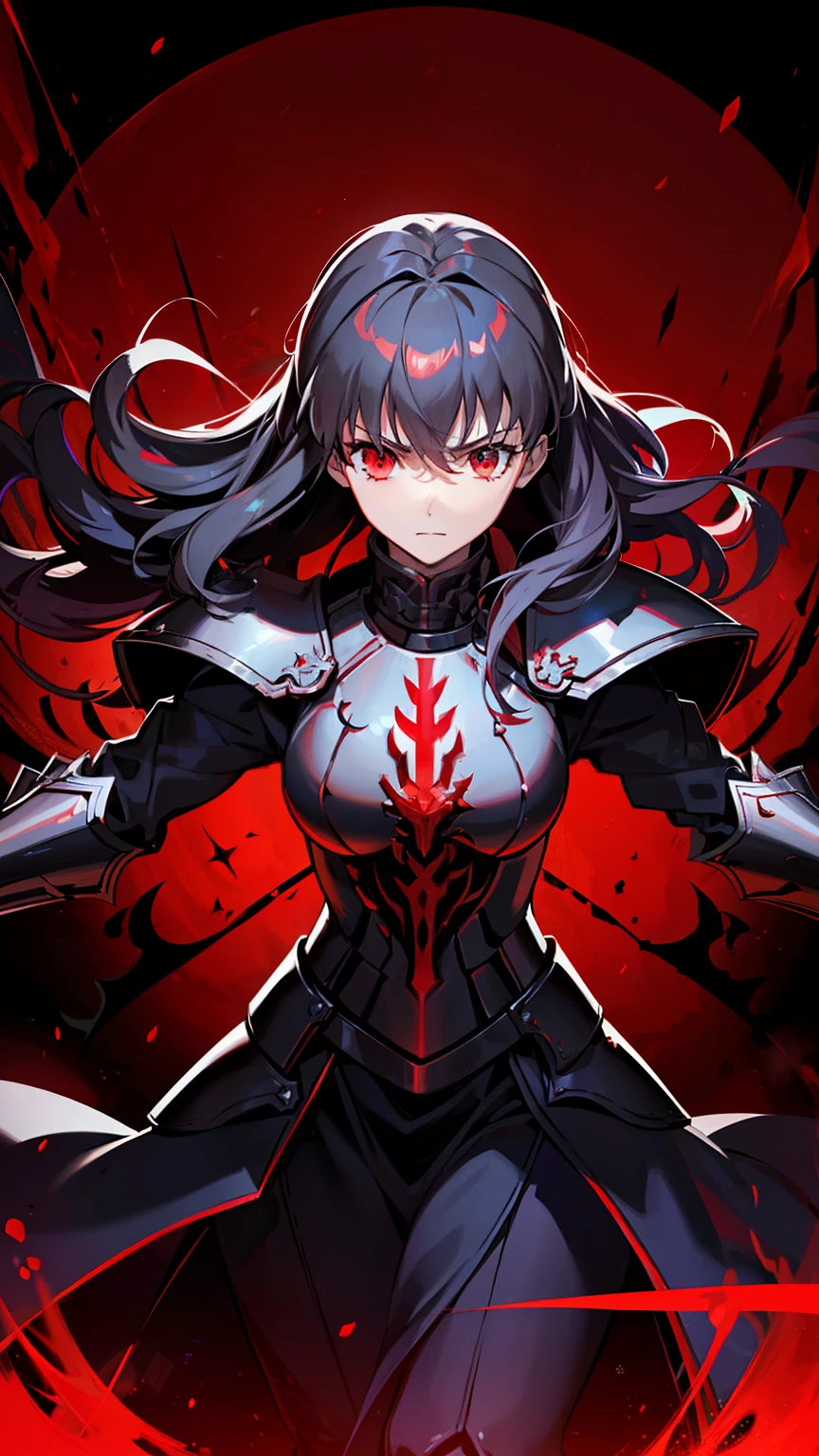 (high-quality, breathtaking),(expressive eyes, perfect face) 1female, girl , solo, young adult, long hair length, wavy curly hair, soft wave, black hair color, red highlights in hair, deep red eye color, background, music, serious confident expression, mature, dominant, haunting red background, armor, onyx black armor with red trim, midnight dark armor with red cracks engraved in the exterior, saber alter, alter saber fate stay night, corrupted theme, corrupted armor, red lines on armor, conquerer vibe, red markings on armor

