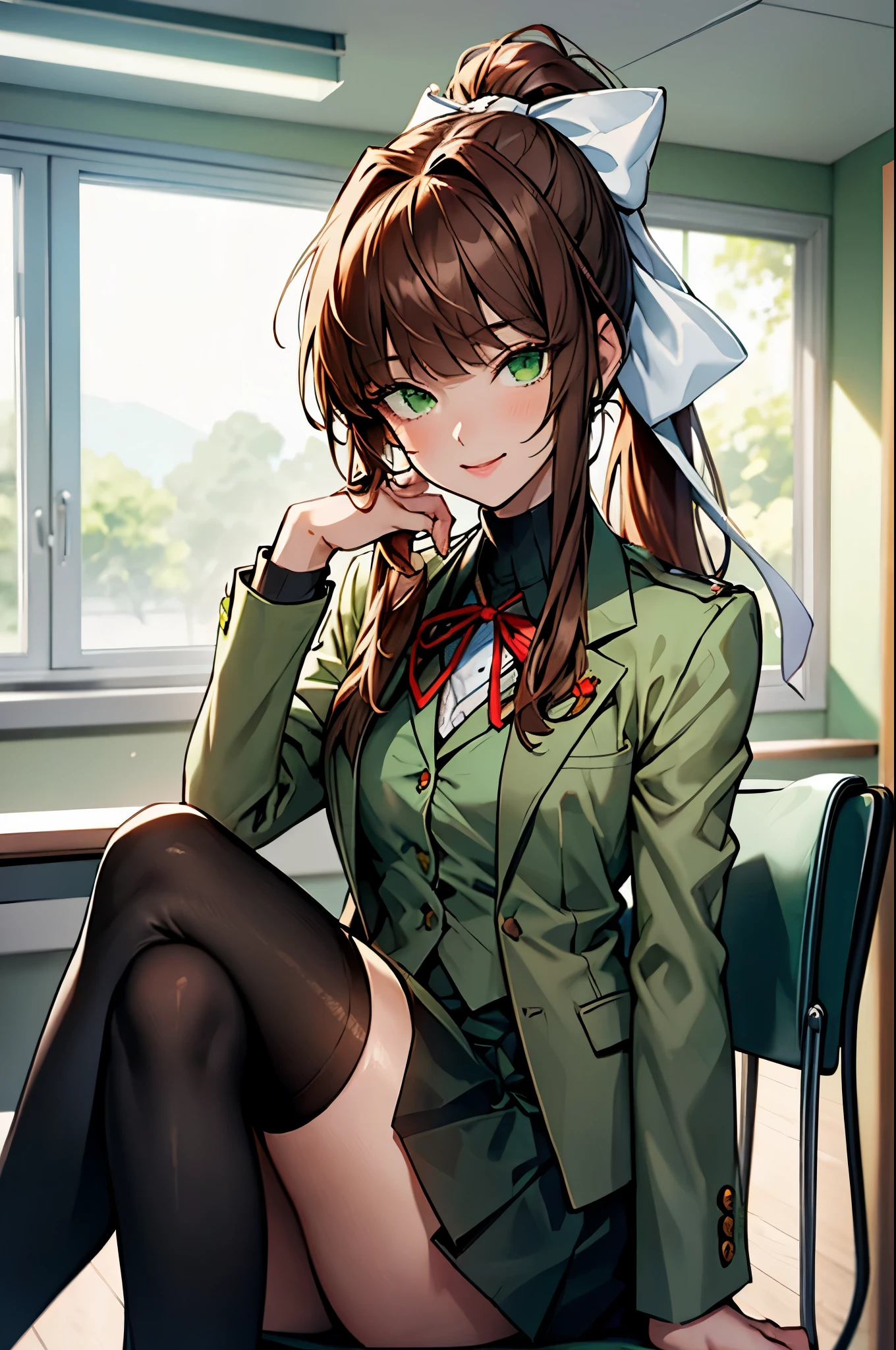 (masterpiece), best quality, expressive eyes, perfect face, highres, 1 girl, solo, ddlcmonika, blunt bangs, brown hair, (green eyes:1.5), long hair, ponytail, ribbon, white ribbon, hair ribbon, sidelocks, black thighhighs, blue skirt, brown jacket, jacket, long sleeves, mary janes, over-kneehighs, pleated skirt, school uniform, shoes, skirt, thighhighs, zettai ryouiki, smiling, indoors, classroom background, crossed arms, sitting on chair, (crossed legs:1.2), upper body portrait, looking at the viewer