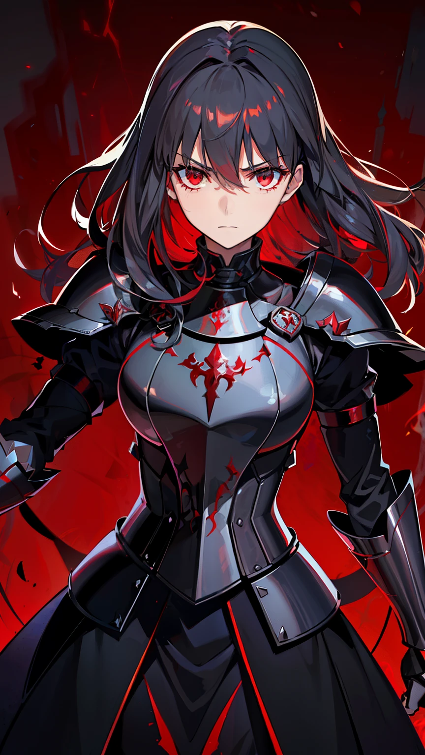 (high-quality, breathtaking),(expressive eyes, perfect face) 1female, girl , solo, young adult, long hair length, wavy curly hair, soft wave, black hair color, red highlights in hair, deep red eye color, background, music, serious confident expression, mature, dominant, haunting red background, armor, onyx black armor with red trim, midnight dark armor with red cracks engraved in the exterior, saber alter, alter saber fate stay night, corrupted theme, corrupted armor, red lines on armor, conquerer vibe, red markings on armor, slightly narrow eyes, evil queen, narrow beautiful eyes
