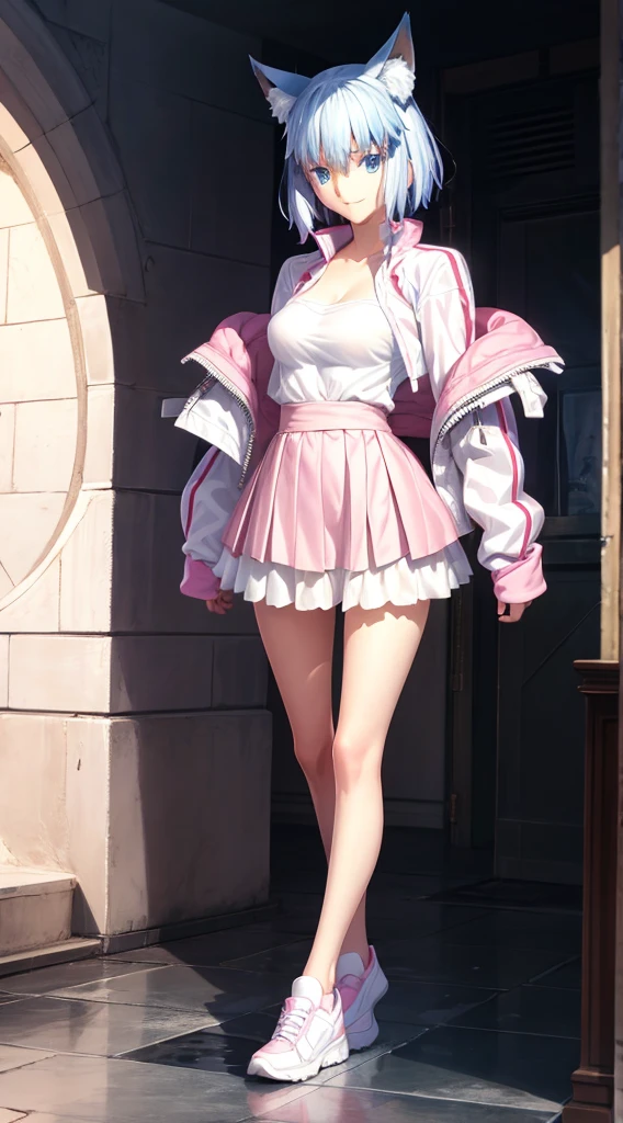 Make a beautiful, tall, young woman with short blue hair, wolf ears, blue eyes, a pretty, perfect face, with a beautiful smile, a beautiful look, a beautiful body, a perfect body, a broad complexion, a slender body, large bust, wide thighs, in a tight white t-shirt and a pink jacket, in a short pink skirt and white veiled stockings, in pink sneakers, in anime style, high quality, clear image, beautiful image