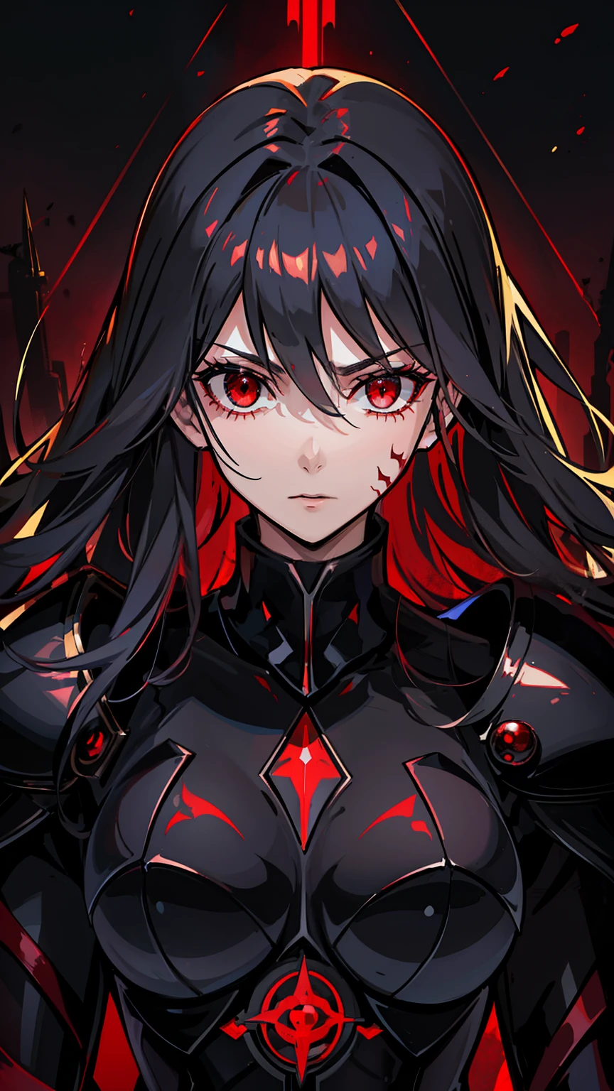 (high-quality, breathtaking),(expressive eyes, perfect face) 1female, girl , solo, young adult, long hair length, wavy curly hair, soft wave, black hair color, red highlights in hair, deep red eye color, background, music, serious confident expression, mature, dominant, haunting red background, armor, onyx black armor with red trim, midnight dark armor with red cracks engraved in the exterior, saber alter, alter saber fate stay night, corrupted theme, corrupted armor, red lines on armor, conquerer vibe, red markings on armor, slightly narrow eyes, evil queen, narrow beautiful eyes
