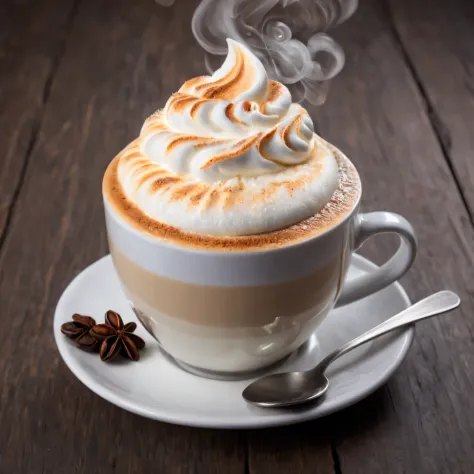 Photo of vanilla cappuccino with creamy foam, fragrant steam emanates from the cup, creating a cozy atmosphere for a pleasant morning, very detailed, extremely detailed, tasty and appetizing, foam on cappuccino forms text "Good morning"