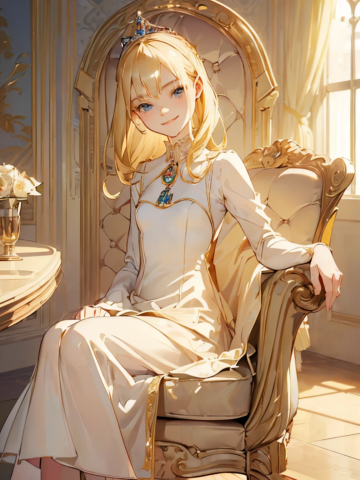 ((( Obra maestra ))) ((( fondo : en el castillo : habitación elegante))) ((( personaje : Elle Fanning : cabello rubio elegante : Pequeña mama : Vestido de princesa : cuerpo en forma :  : sentado en una silla : sonrisa inocente )))