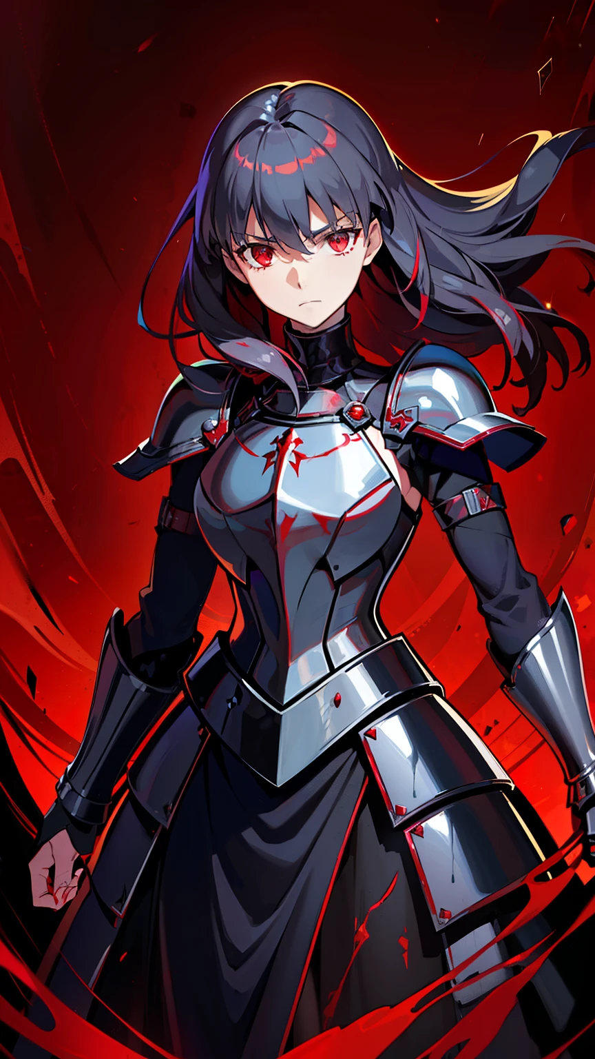 (high-quality, breathtaking),(expressive eyes, perfect face) 1female, girl , solo, young adult, long hair length, wavy curly hair, soft wave, black hair color, red highlights in hair, deep red eye color, background, music, serious confident expression, mature, dominant, haunting red background, armor, onyx black armor with red trim, midnight dark armor with red cracks engraved in the exterior, saber alter, alter saber fate stay night, corrupted theme, corrupted armor, red lines on armor, conquerer vibe, red markings on armor, slightly narrow eyes, evil queen, narrow beautiful eyes
