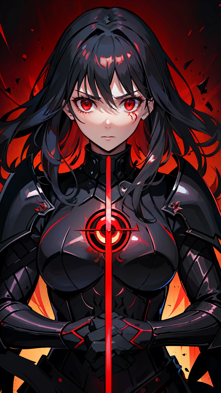 (high-quality, breathtaking),(expressive eyes, perfect face) 1female, girl , solo, young adult, long hair length, wavy curly hair, soft wave, black hair color, red highlights in hair, deep red eye color, background, music, serious confident expression, mature, dominant, haunting red background, armor, onyx black armor with red trim, midnight dark armor with red cracks engraved in the exterior, saber alter, alter saber fate stay night, corrupted theme, corrupted armor, red lines on armor, conquerer vibe, red markings on armor, slightly narrow eyes, evil queen, narrow beautiful eyes
