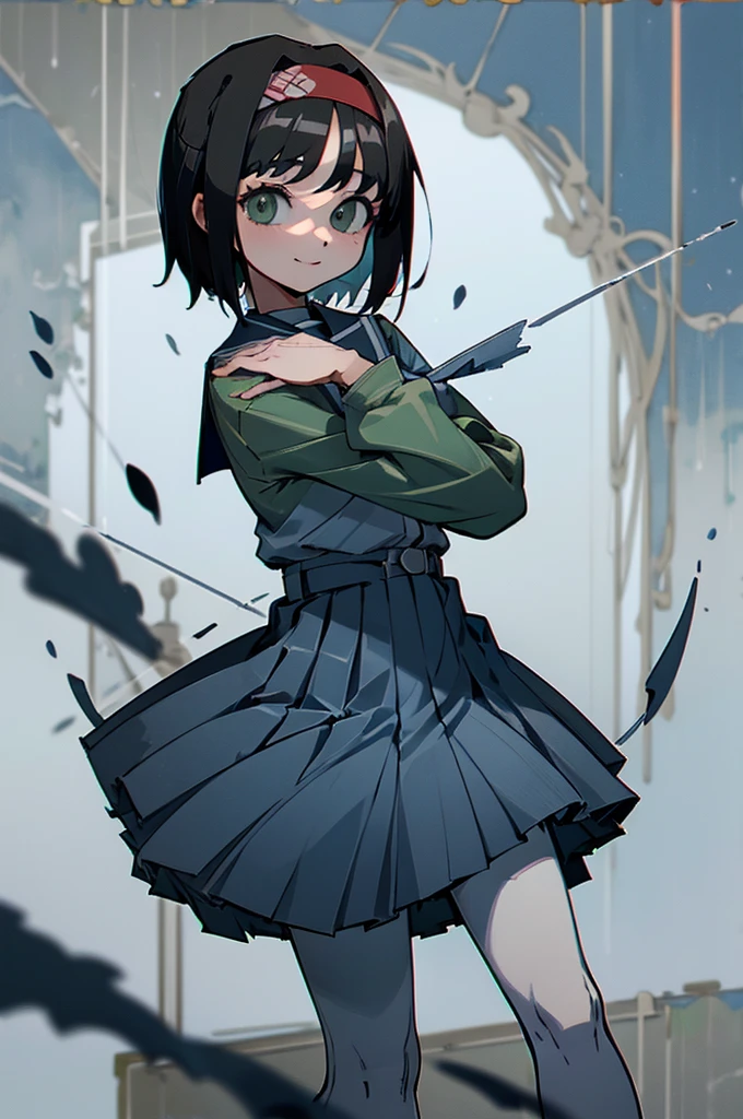 ((masterpiece,highest quality)), disorganized, Erika_Pokemon, green eyes, short black hair, in the same way, red hair band, alone, smile, looking at the viewer, cowboy shot,  cinematic composition,Student winter uniform,Blue jacket,Blue pleated skirt,white tights,Black loafers,Schoolback,School,Coming to school,precision eyes